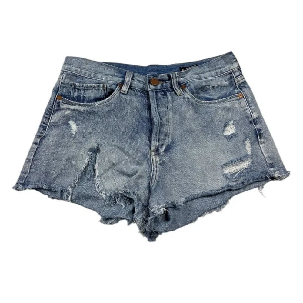 BlankNYC Distressed Denim Shorts Blue Frayed Cut-Out Edgy Punk Casual Zip Up 28